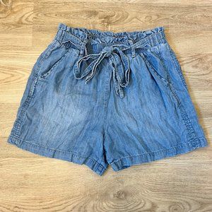 Denim Paper Bag Shorts With Tie